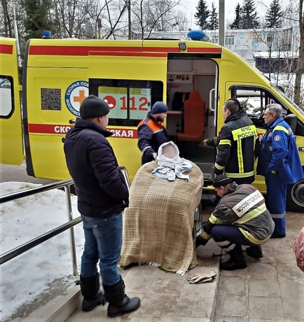 Работники ГКУ МО «Мособлпожспас» транспортировали 200-килограмовую женщину в машину скорой помощи